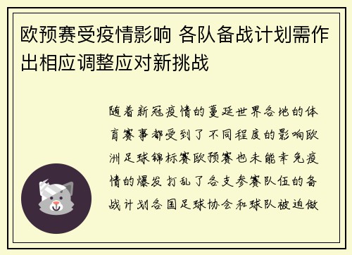 欧预赛受疫情影响 各队备战计划需作出相应调整应对新挑战