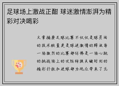 足球场上激战正酣 球迷激情澎湃为精彩对决喝彩