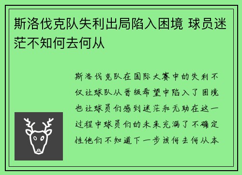 斯洛伐克队失利出局陷入困境 球员迷茫不知何去何从