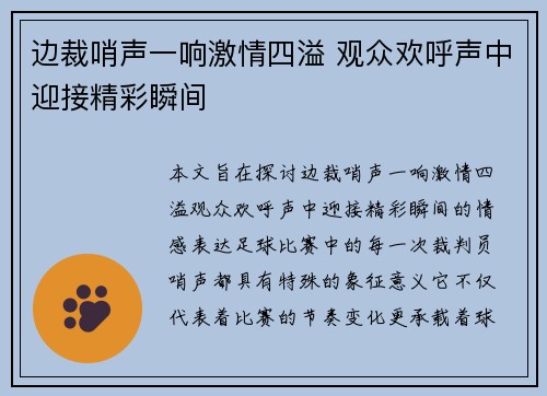 边裁哨声一响激情四溢 观众欢呼声中迎接精彩瞬间