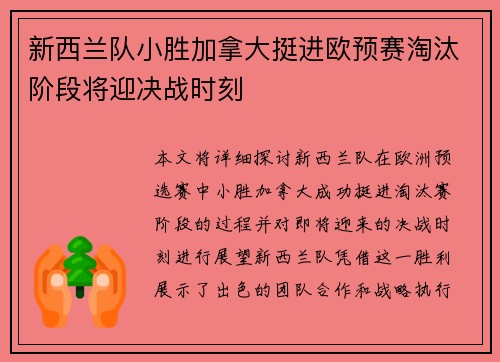 新西兰队小胜加拿大挺进欧预赛淘汰阶段将迎决战时刻